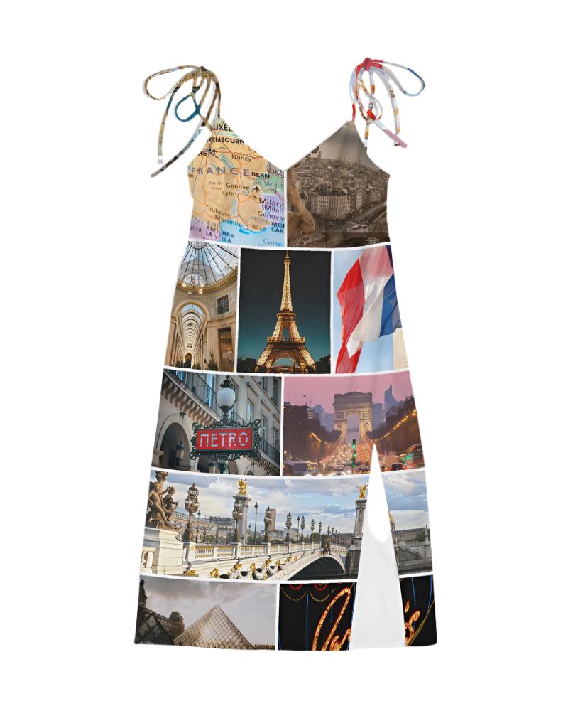 Parisian Collage Tie Strap Split Dress